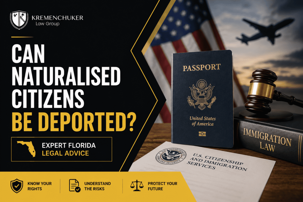 U.S. passport, immigration documents, judge's gavel, and American flag