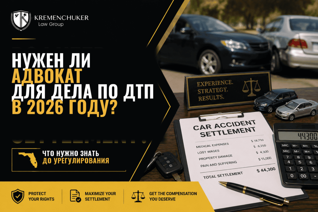 Car accident settlement documents, calculator, and damaged vehicles