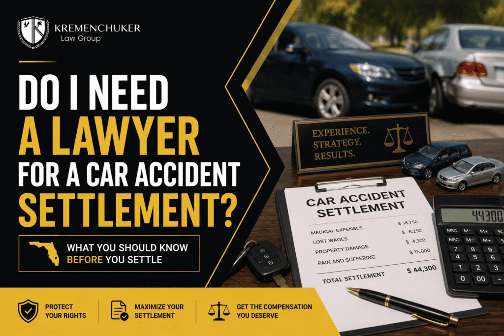 Car accident settlement documents, calculator, and damaged vehicles