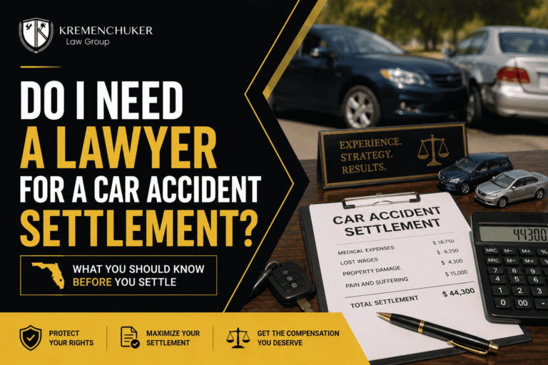 Car accident settlement documents, calculator, and damaged vehicles