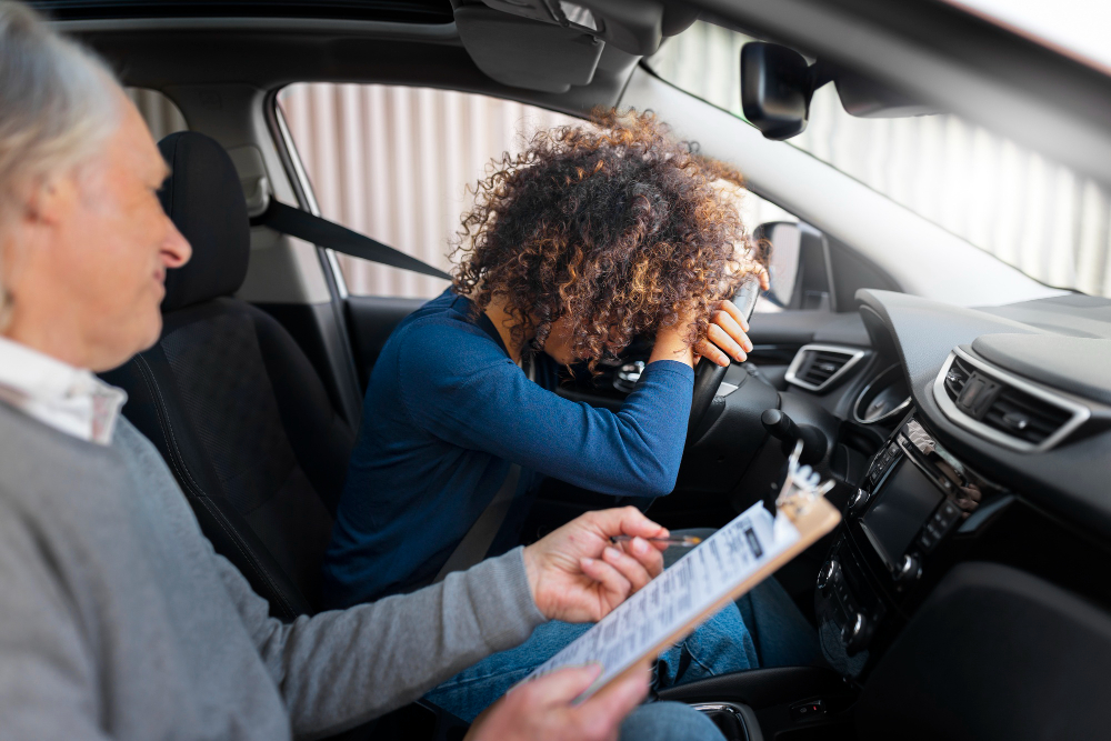 person-upset-in-car-with-clipboard-assistance Person sitting in a car, visibly upset with their head resting on the steering wheel, while another person is holding a clipboard, possibly discussing the situation
