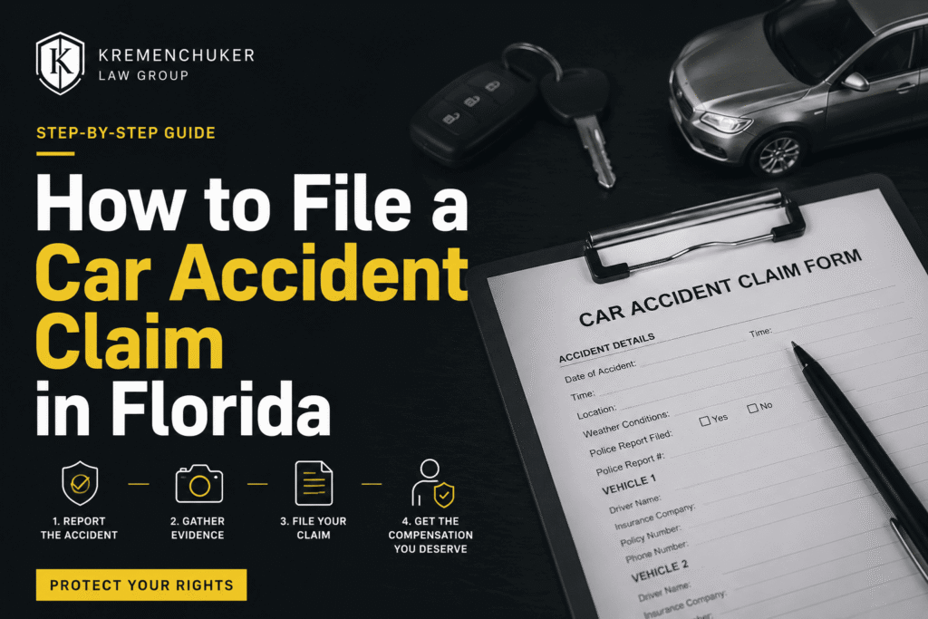 Step-by-step guide showing a Florida car accident claim form