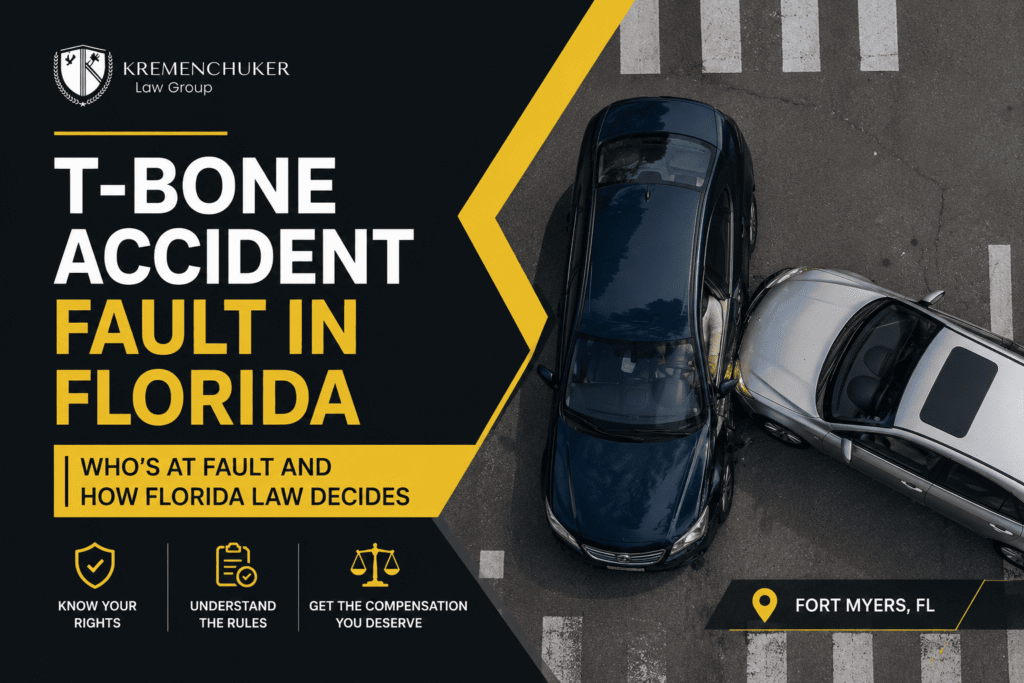 Overhead view of a T-bone car accident at a Florida intersection