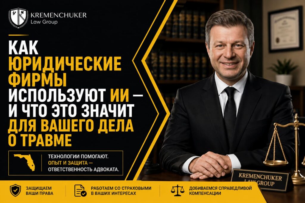 Баннер блога Kremenchuker Law Group — как юридические фирмы используют ИИ и что это значит для вашего дела о травме.