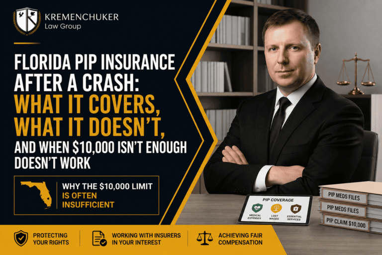 Kremenchuker Law Group blog banner — Florida PIP insurance after a crash: what it covers, what it doesn't, and when $10,000 isn't enough.