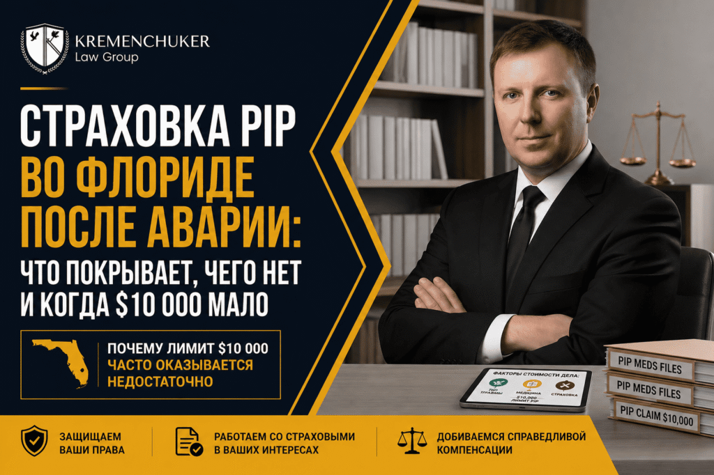 Баннер блога Kremenchuker Law Group — страховка PIP во Флориде после аварии: что покрывает, чего нет и когда $10 000 недостаточно.