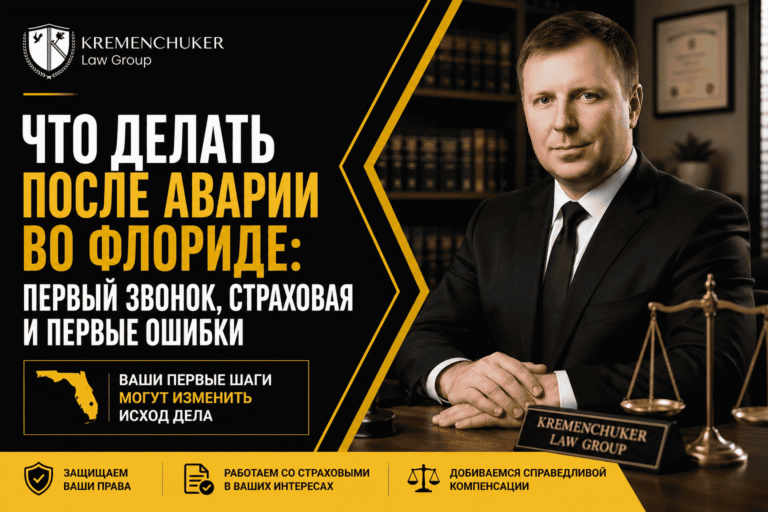 Баннер блога Kremenchuker Law Group — что делать после аварии во Флориде: первый звонок, общение со страховой и первые ошибки.