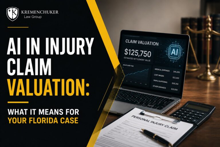 AI claim valuation dashboard beside a Florida personal injury claim form