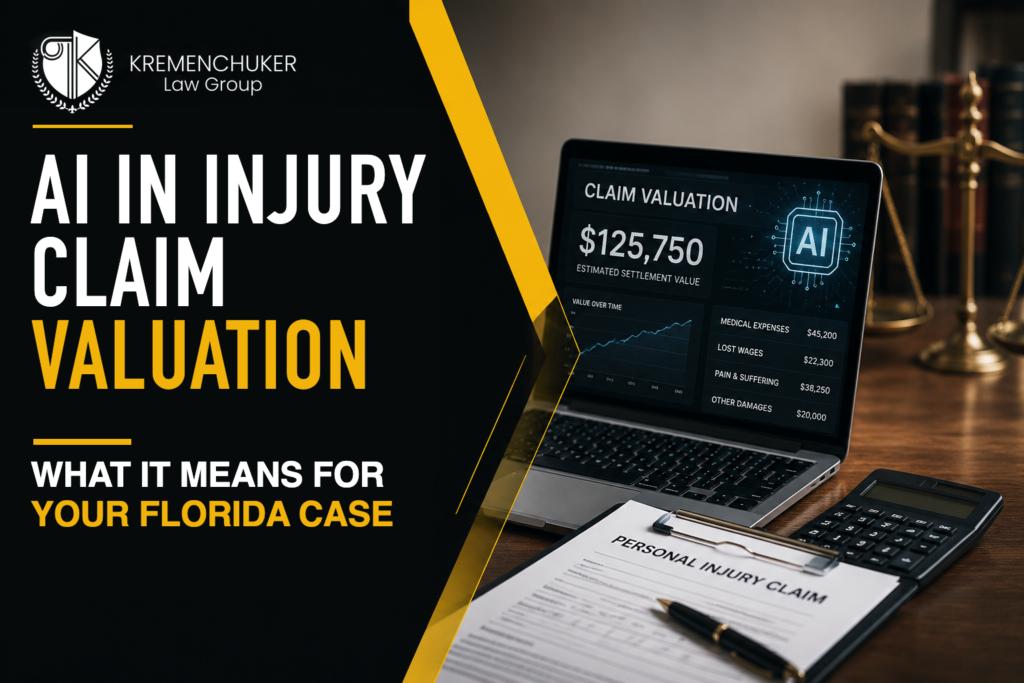 AI claim valuation dashboard beside a Florida personal injury claim form