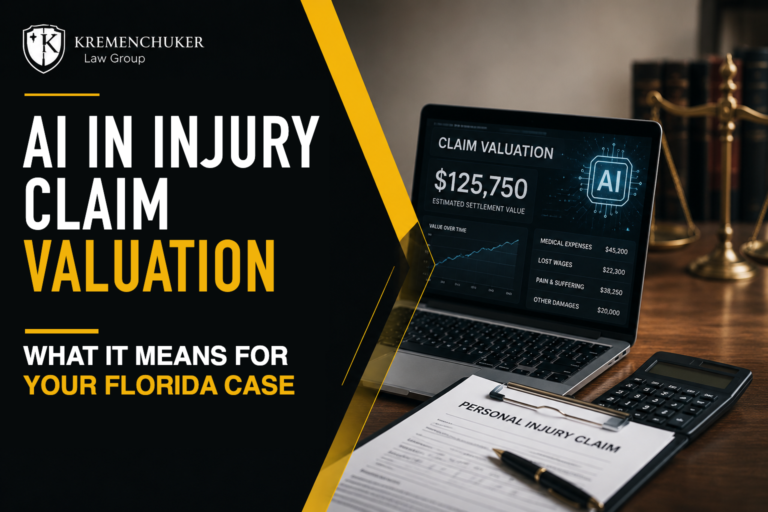 AI claim valuation dashboard beside a Florida personal injury claim form