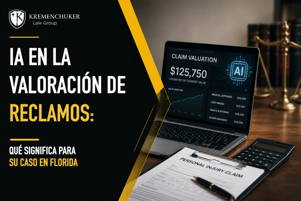 Panel de valoración de reclamos con IA junto a un formulario de lesiones en Florida