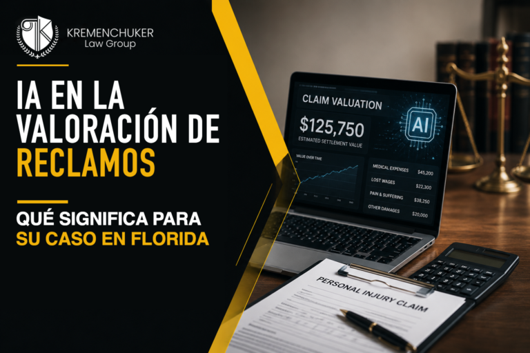 Panel de valoración de reclamos con IA junto a un formulario de lesiones en Florida