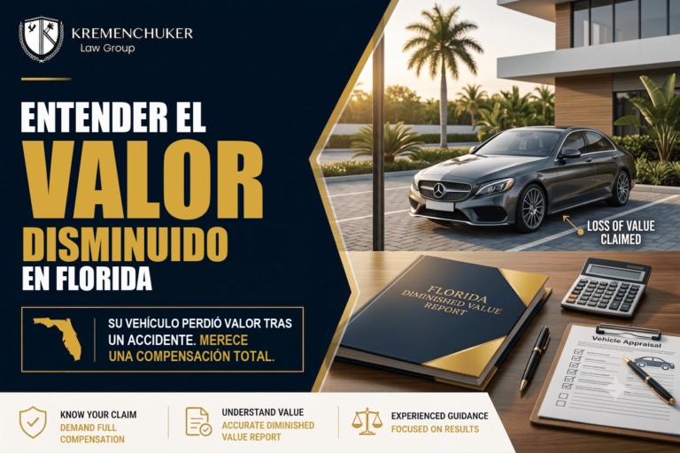 Informe de valor disminuido de Florida junto a una calculadora y una tasación del vehículo