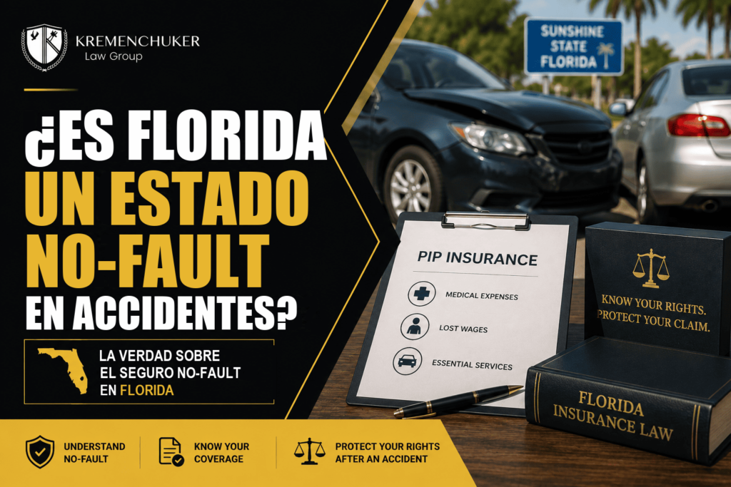 Documento de seguro PIP junto a un libro de derecho de seguros de Florida tras un choque