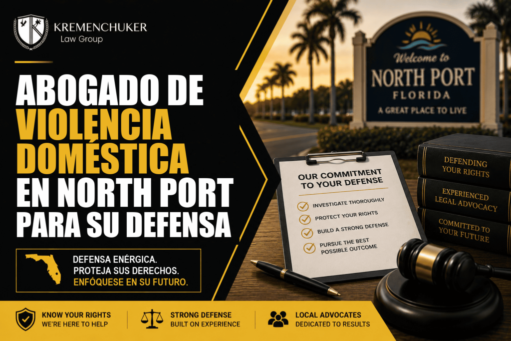 Abogado de violencia doméstica en North Port revisando una lista de verificación de defensa junto a un mazo judicial