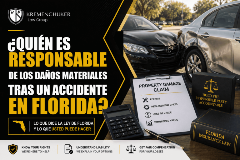 Reclamación por daños materiales junto a dos autos accidentados y un libro de derecho de seguros de Florida
