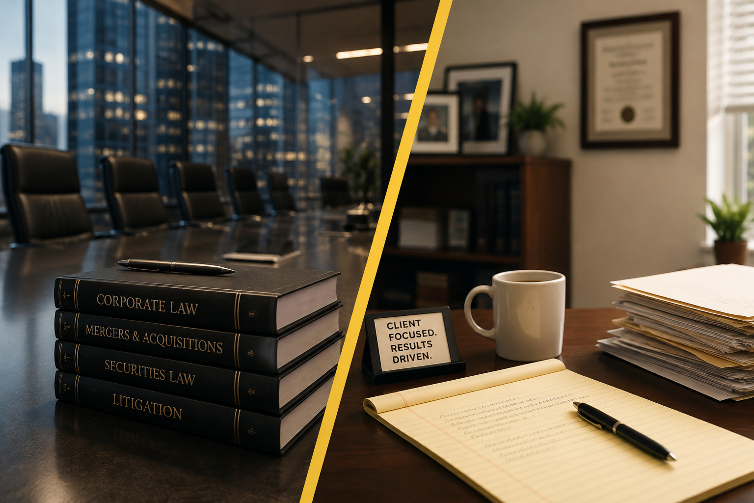 Big Law versus a smaller firm — a corporate boardroom and a client-focused desk