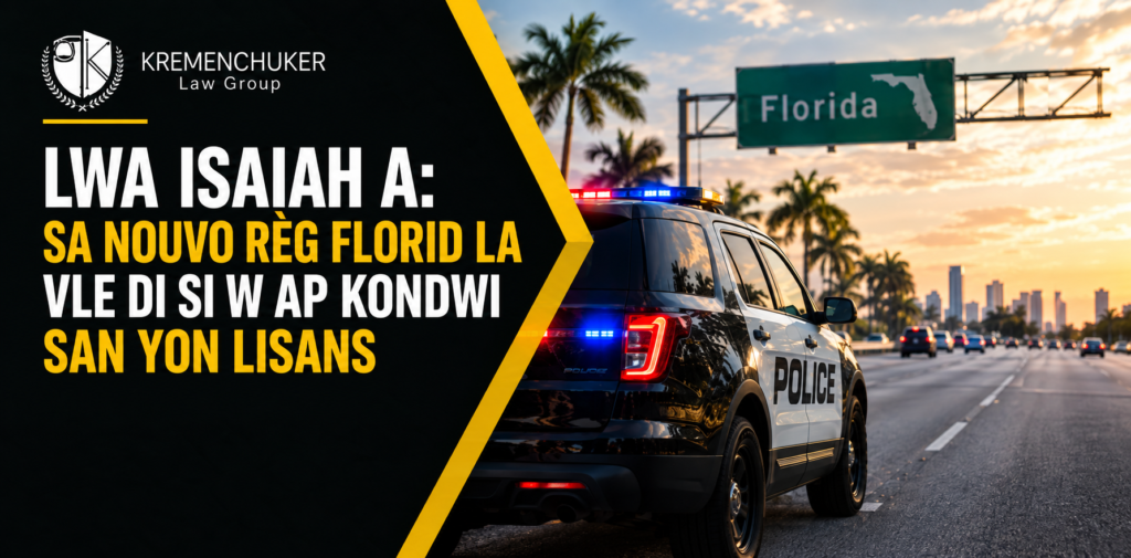 Machin polis ak limyè yo limen sou yon otowout Florid bò kote yon siy Florid ak pye bwa palmis
